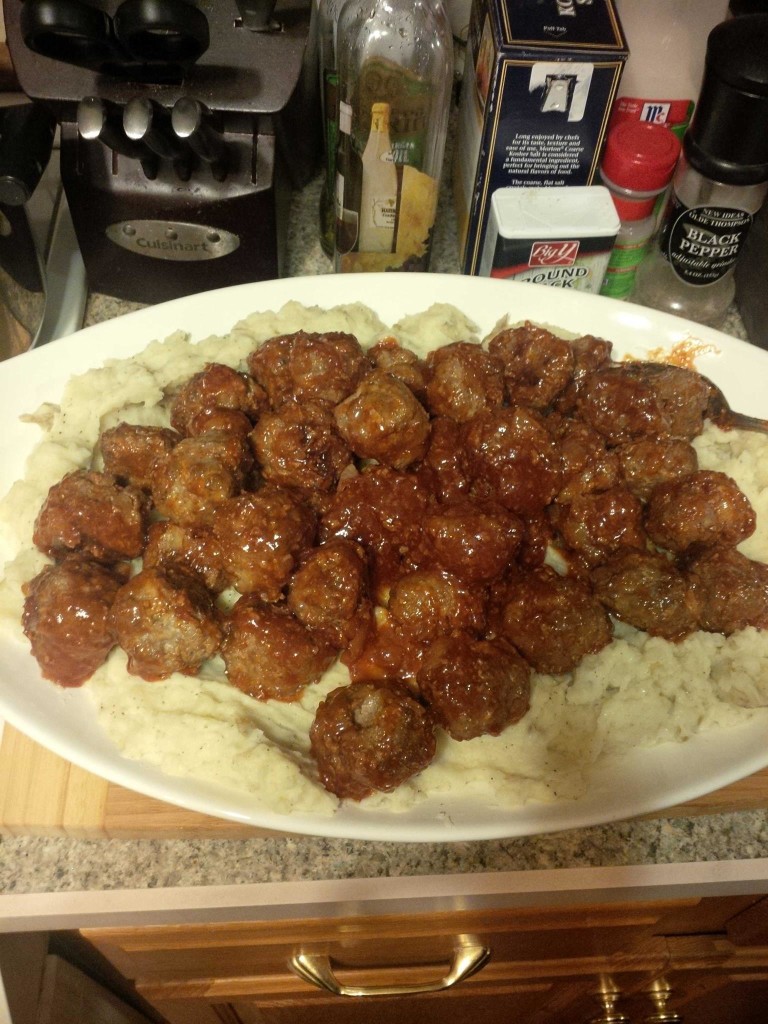 Barbecue Meatballs over Mashed Potatoes-Family Style
